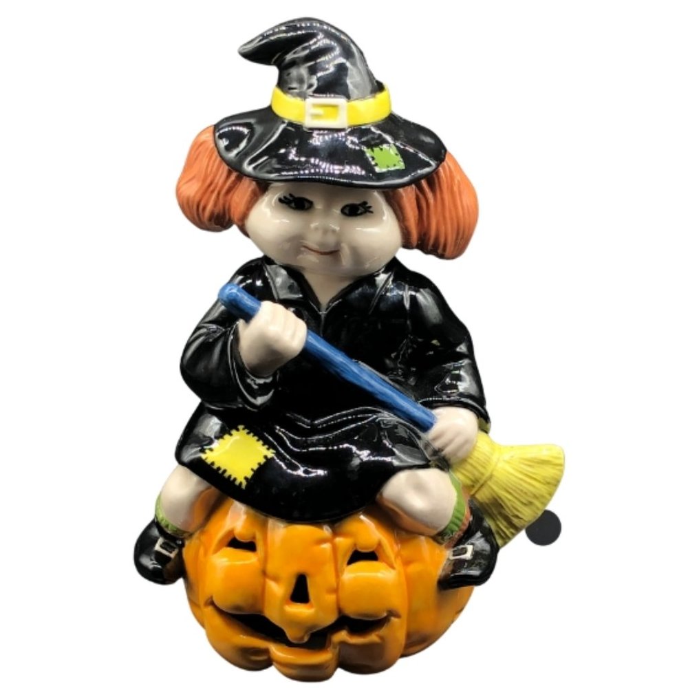 Vtg 1980s Glowing Ceramic CABBAGE PATCH KID Dressed as Halloween Witch Pumpkin